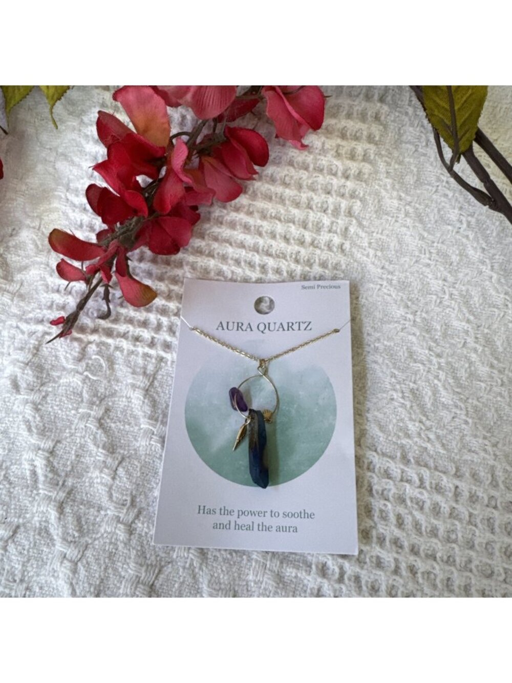 AURA QUARTZ Healing Semi Precious Stone Necklace Goldtone Dainty Women's NEW